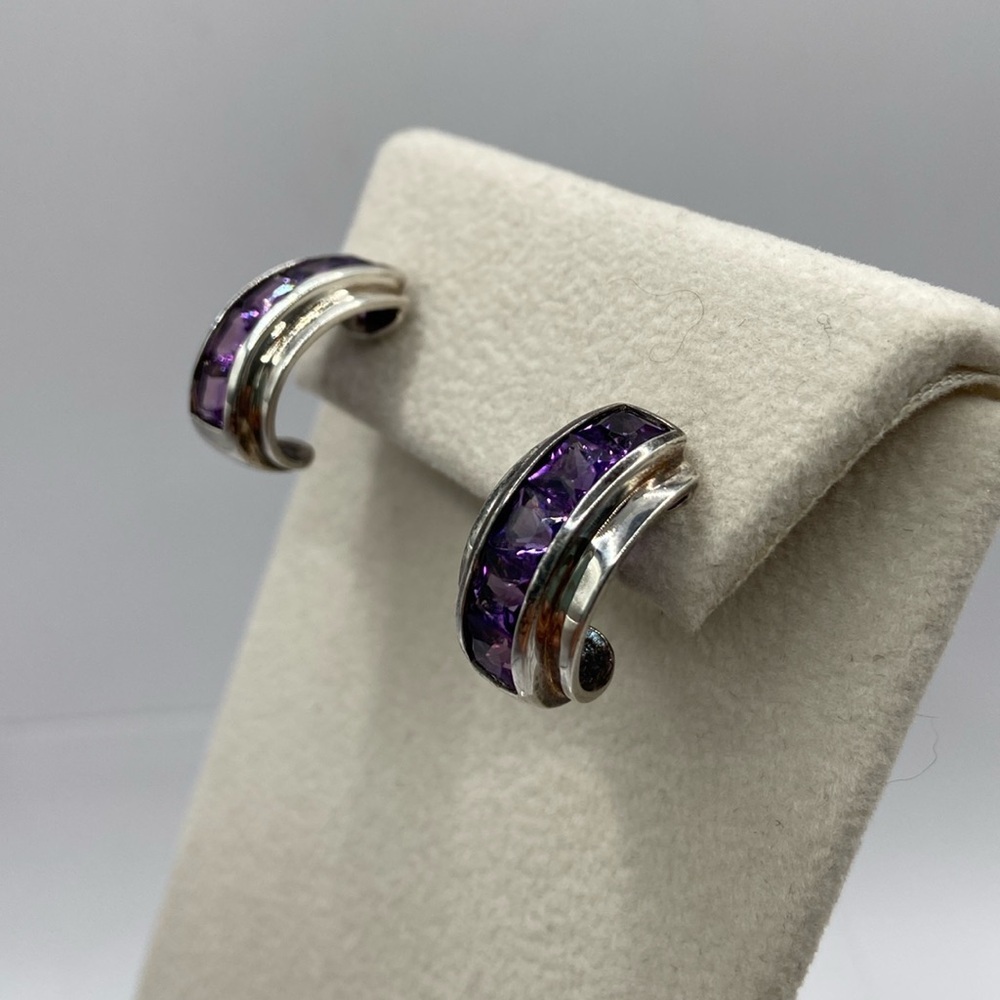 Sterling Silver 925 Channel Set Purple Amethyst Open Hoop Earrings Pierced - Picture 2 of 13